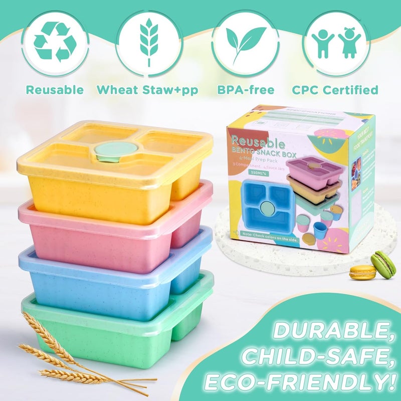 QQKO Bento Snack Box for Adults Kids, Lunchable Meal Prep Container Reusable, 4 Pack Divided Food Storage With Lids, Stackable Lunch Box With Sauce Cups, Pastel - Image 3